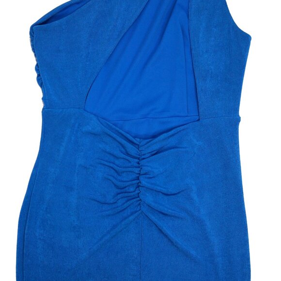 Lulu’s Blue One Shoulder Ruched Side Slit Fitted Prom Formal Maxi Dress Sz L - Picture 5 of 7